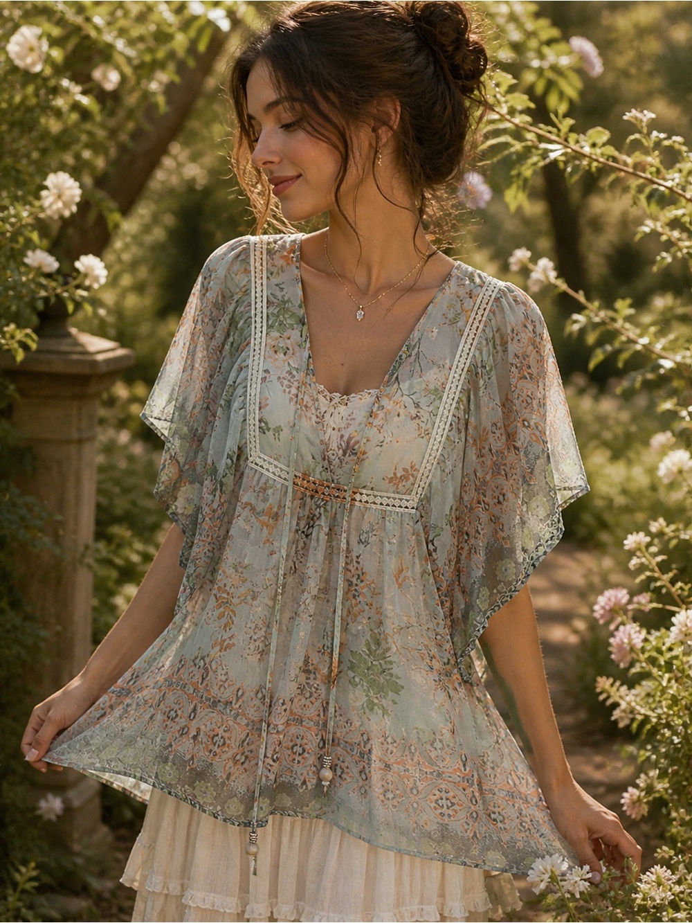 Boho Floral Blouse Flutter Sleeve Sheer Cottagecore Fairycore Top Small Feminine